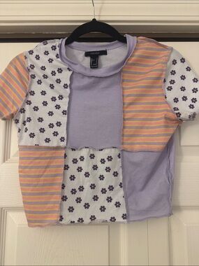 Forever 21 Lavender Patchwork Floral & Stripe Tee
